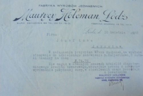 /List/Fabryka Wyrobów Jedwabnych M.Holcman,Łódź 1930